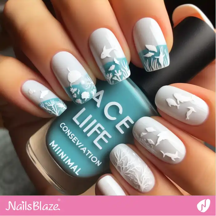 French Manicure with Silhouette Marine Life Design | Save the Ocean Nails - NB2814