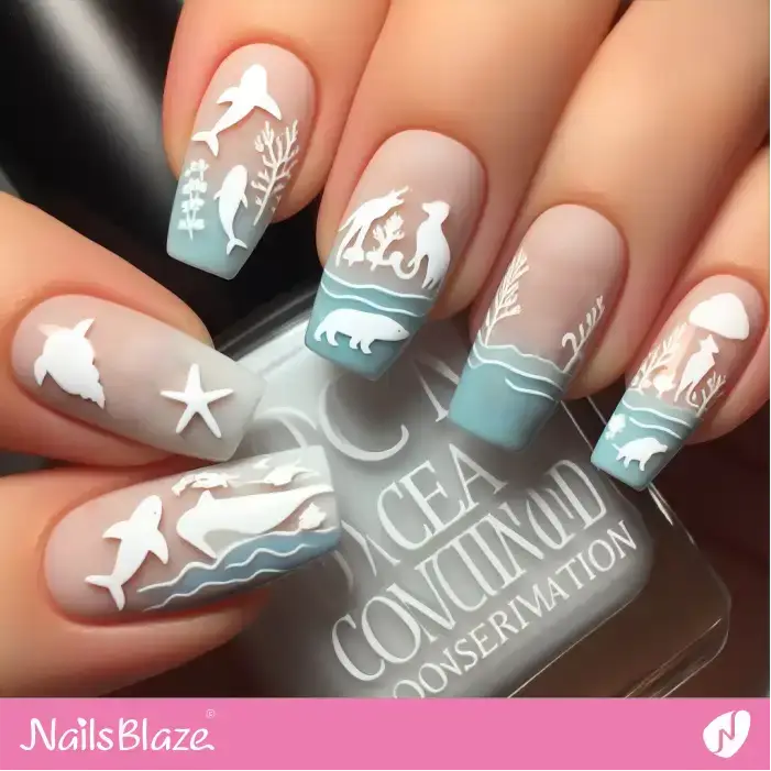 Matte French Nails with Marine Species | Save the Ocean Nails - NB2817