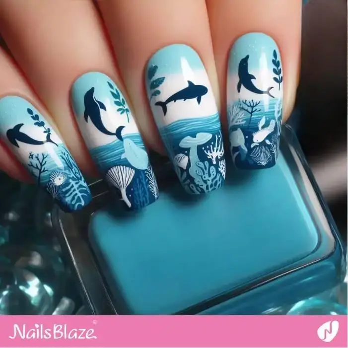 Ombre French Nails with Dolphins | Save the Ocean Nails - NB2819