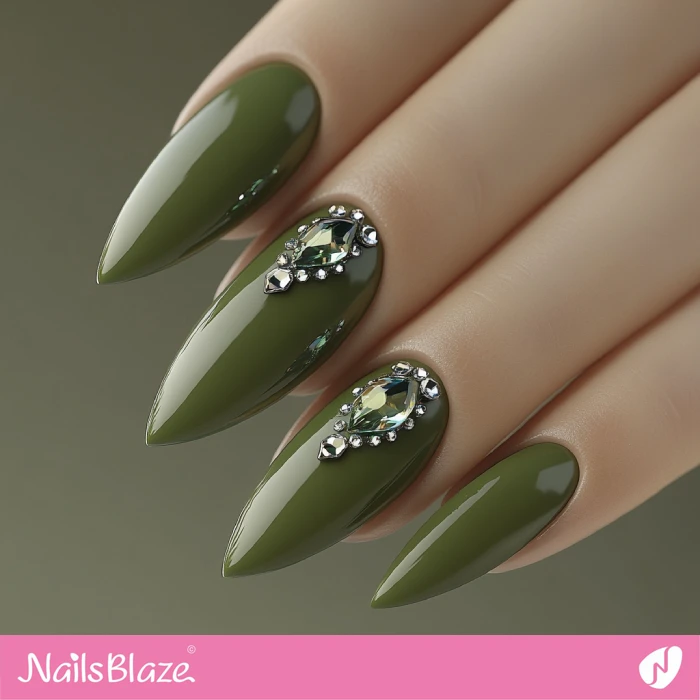 Gemstone Accent Design for Olive Green Nails | Fall Nails - NB5749