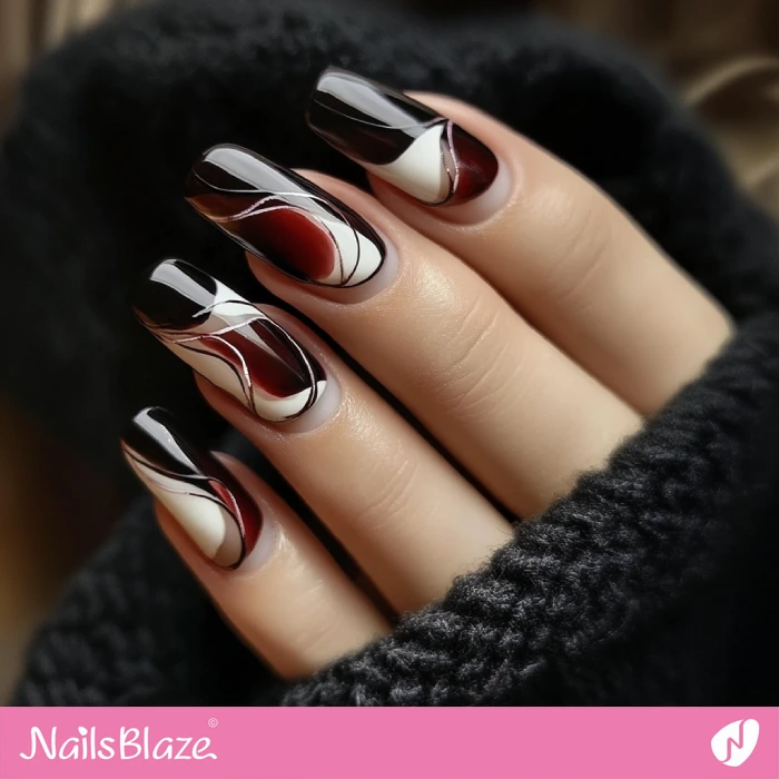 Bordeaux Burgundy Nails with White Negative Space Swirls | Fall Nails - NB5750