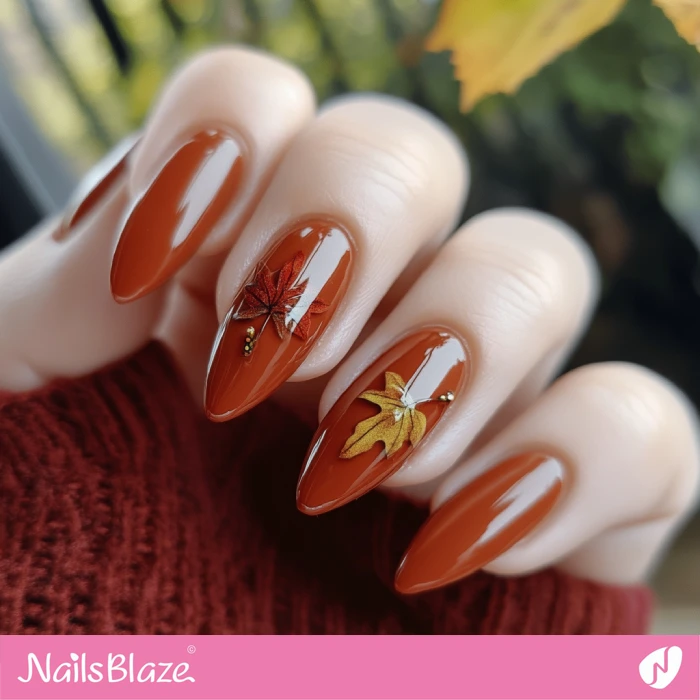 Rust Nails Designed with Autumn Leaves Accents | Fall Nails - NB5756