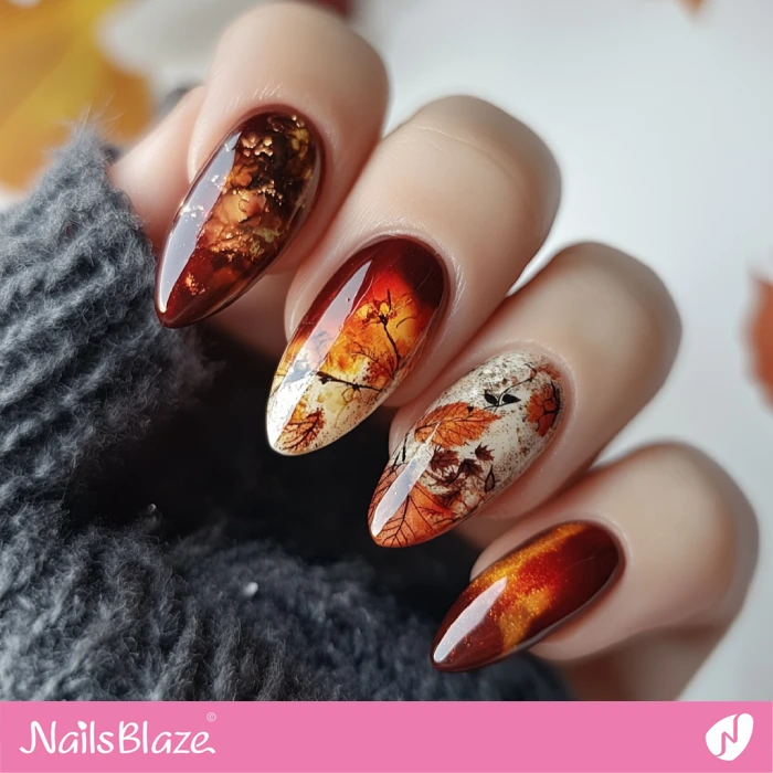 Warm Autumn Nails in Rust Color with Leaves | Fall Nails - NB5759