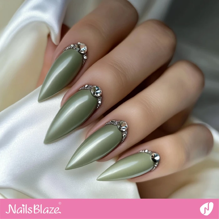 Gemstone Design for Classy Olive Green Nails | Fall Nails - NB5760