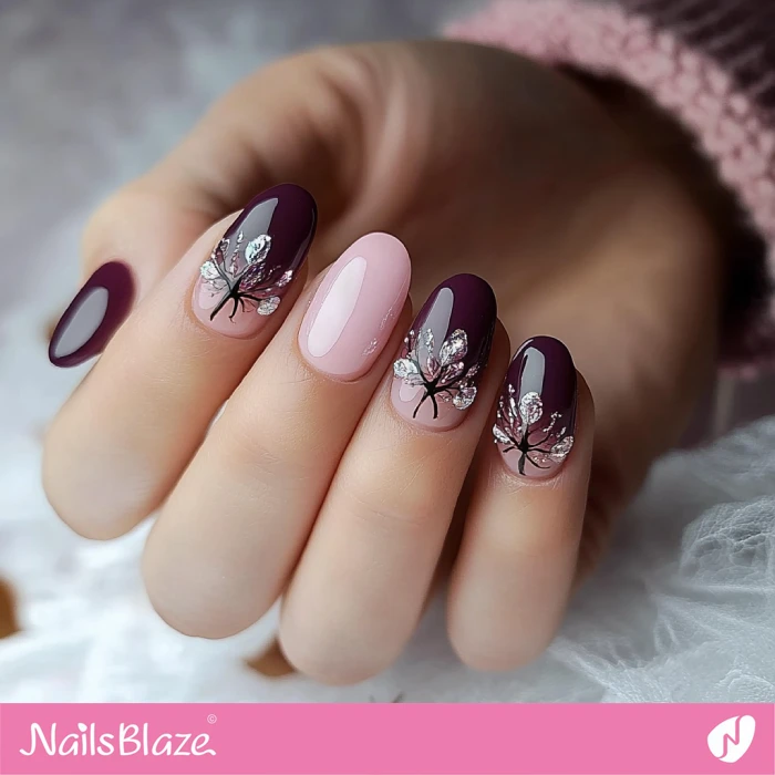 Short Plump Plum Nails with Gemstones | Fall Nails - NB5768