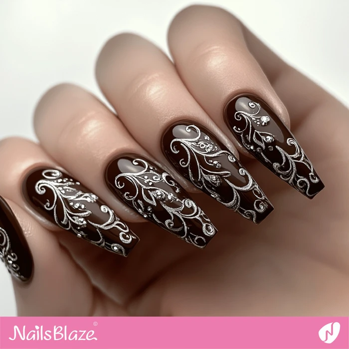 Dark Chocolate Nails with Silver Filigree Nail Art Design | Fall Nails - NB5770