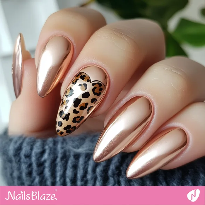 Rose Gold Nails with Heart-shaped Leopard Print Accent | Fall Nails - NB5735