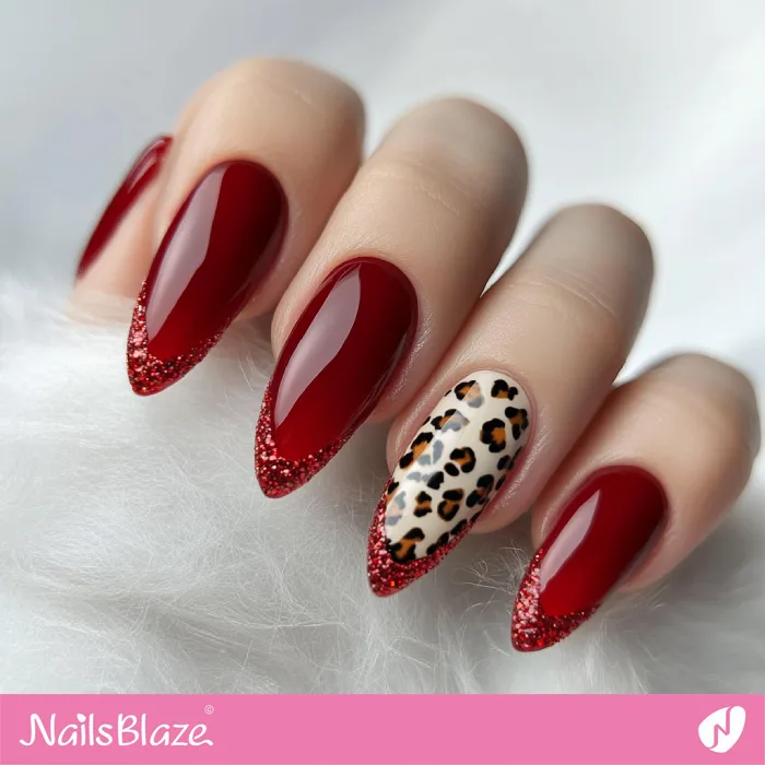 Elegant Red Nails with Leopard Print Accent for Fall | Fall Nails - NB5738