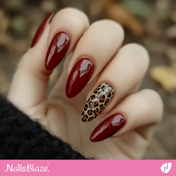 Cherry Red Nails with Leopard Print Accent for Autumn | Fall Nails - NB5731