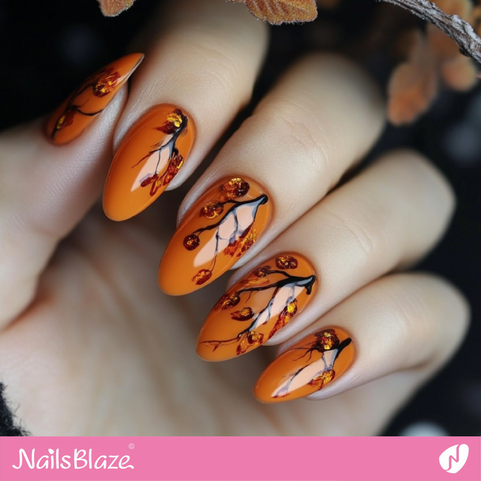 Burnt Orange Nails with an Autumn Theme and Fall Leaves | Fall Nails - NB5514