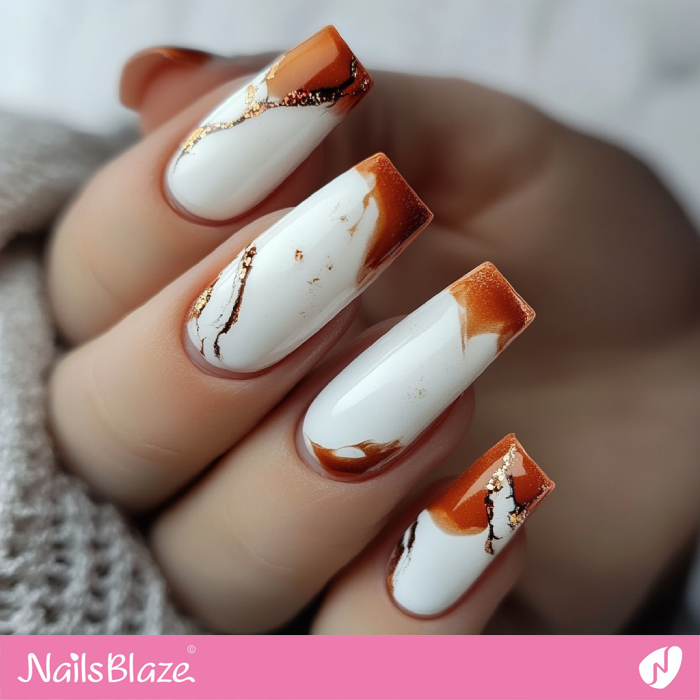 Burnt Orange and White Marble Nails with Golden Details | Fall Nails - NB5517