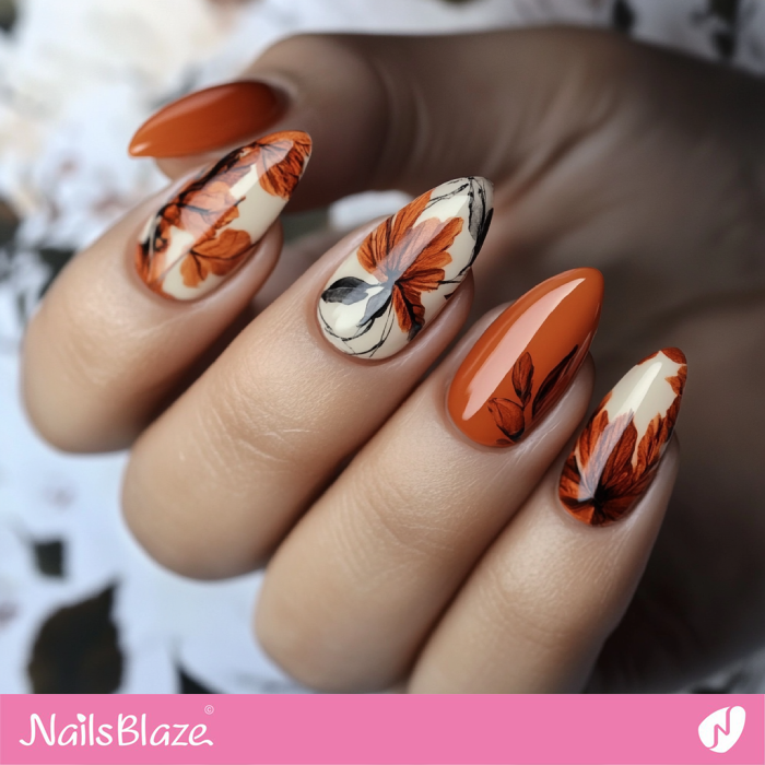 Almond Burnt Orange Autumn Nails with Leaves | Fall Nails - NB5518