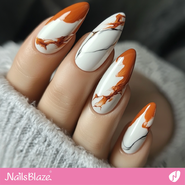 White and Burnt Orange Marble Nails with a Simple Design | Fall Nails - NB5521