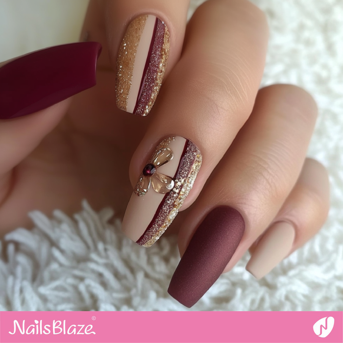 Classy Fall Nails in Burgundy and Gold with a Matte Glitter Finish | Fall Nails - NB5523