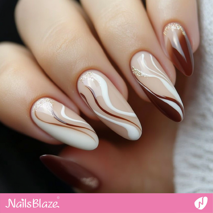 Classy Brown and White Nails with a Wave Design | Fall Nails - NB5524