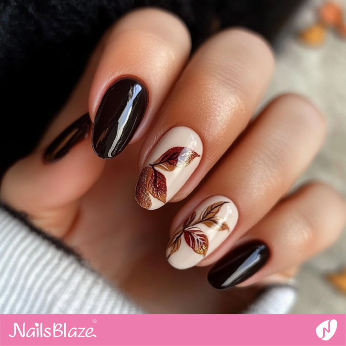 Classy Autumn-inspired Nails with Leaves in Dark Chocolate and Beige | Fall Nails - NB5525