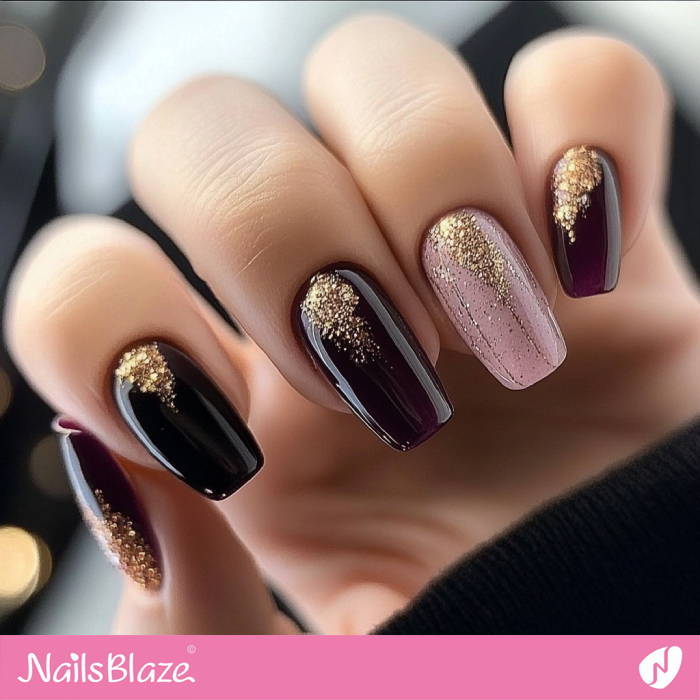 Classy Dark Burgundy and Gold Glitter Manicure Design for Autumn | Fall Nails - NB5527