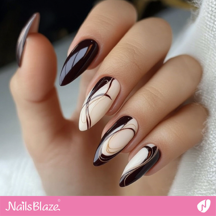 Classy Long Oval-shaped Fall Nails with Swirls | Fall Nails - NB5529