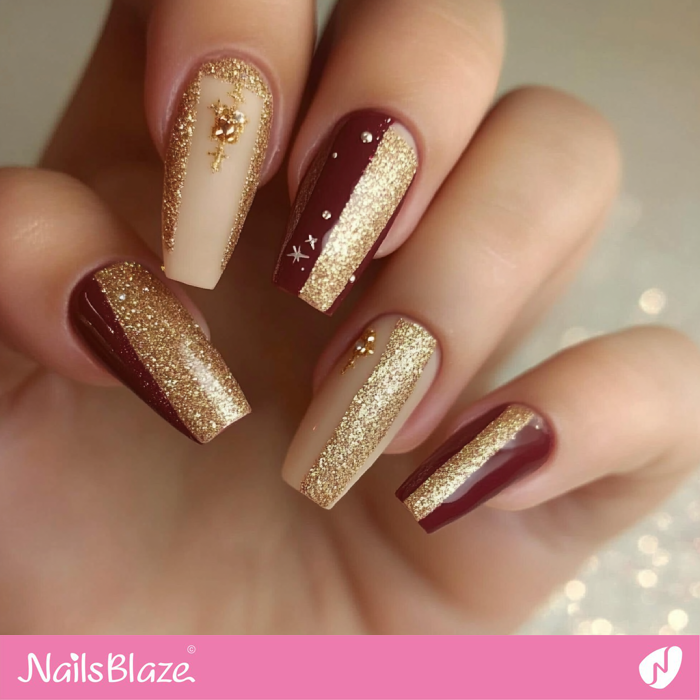 Classy Fall Nails with Maroon and Gold Glitter Design | Fall Nails - NB5531