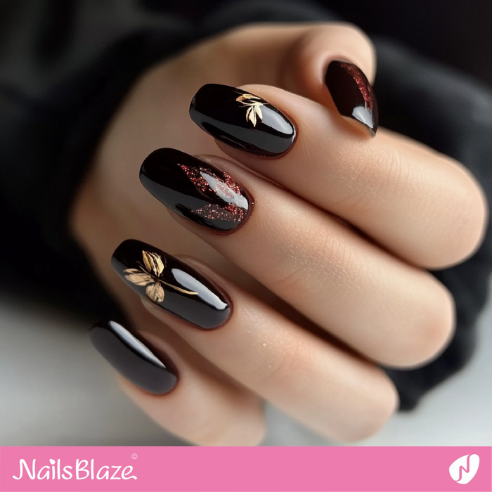 Classy Dark Nails with Fall Leaves Design in Red and Gold | Fall Nails - NB5532