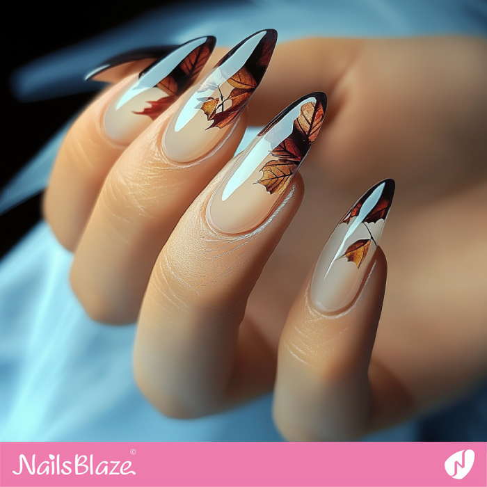 Glossy Nails with Fall Leaves Tips | Classy Autumn Nails - NB6339