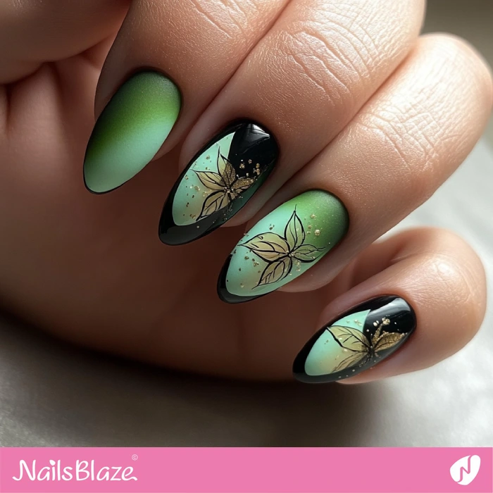 Cute Black and Green Gradient Manicure with Gold Flowers | Fall Nails - NB5543