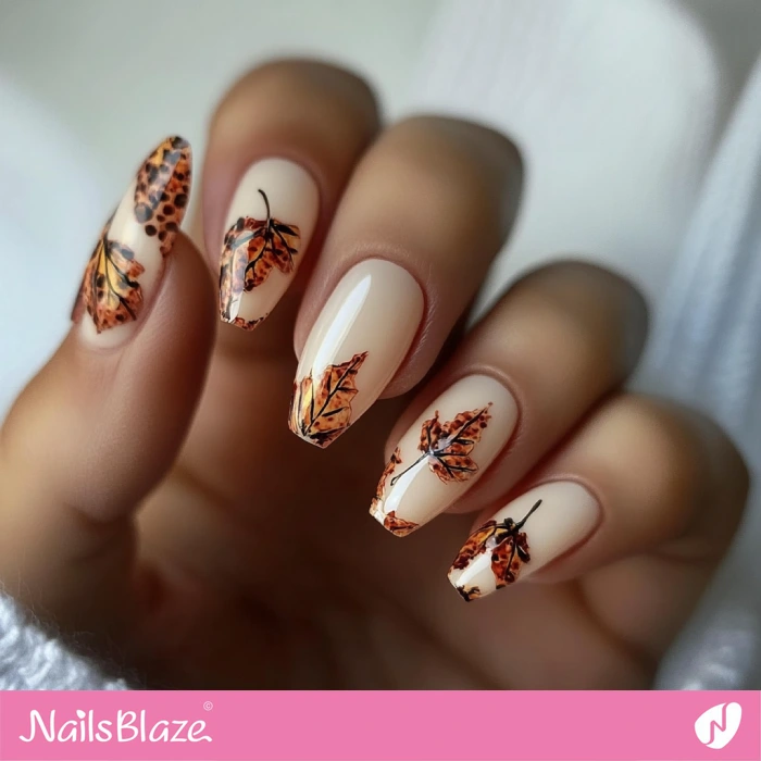 Cute Beige Nails with Autumn Leaf-inspired Design | Fall Nails - NB5546