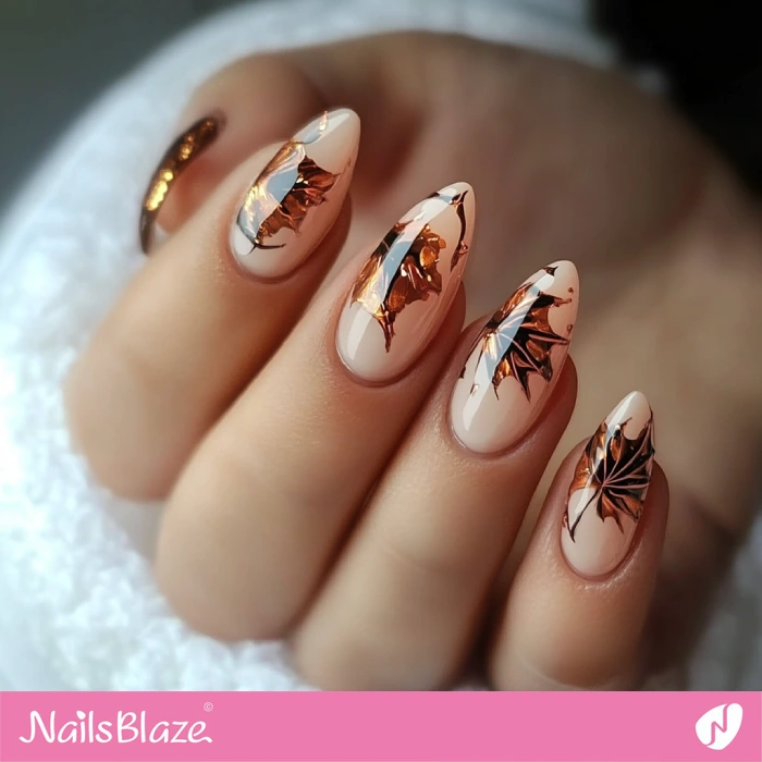 Golden Leaves Nail Design for a Cute Autumn Look | Fall Nails - NB5535