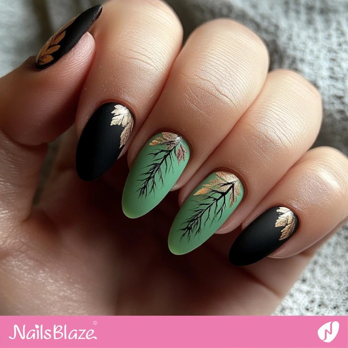 Cute Black and Green Nail Design with Gold Leaves | Fall Nails - NB5539