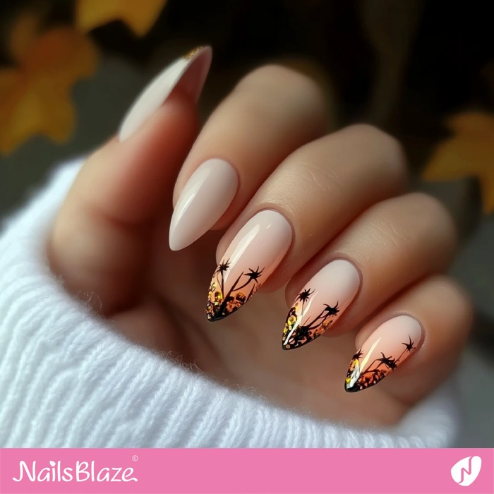 Cute Light Peach Color Nails with Palm Pattern | Fall Nails - NB5540