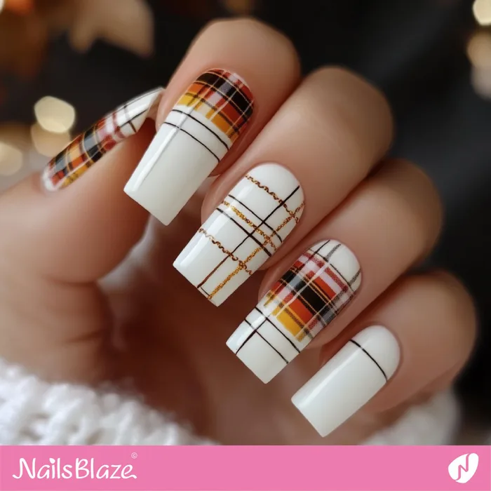 White Square Nails Plaid Design | Fall Nails - NB5723