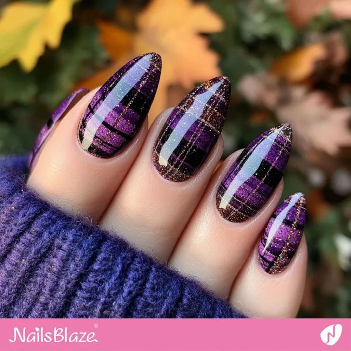 Purple Fall Plaid Nails with Glitters | Fall Nails - NB5707