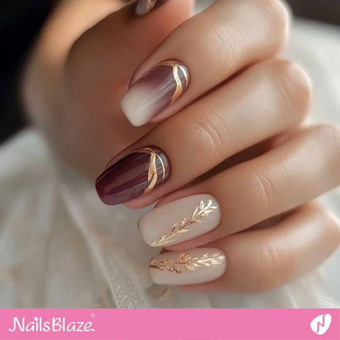 Burgundy Short Nails with Golden Details for Fall Wedding | Fall Nails - NB5593