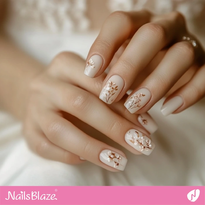 Nude Nails with Gold Flowers for Fall Wedding | Fall Nails - NB5615