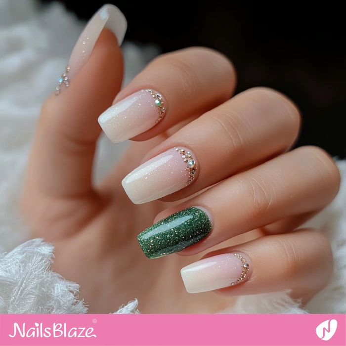 White Shimmer Nails with Forest Green Accent for Fall Wedding | Fall Nails - NB5665