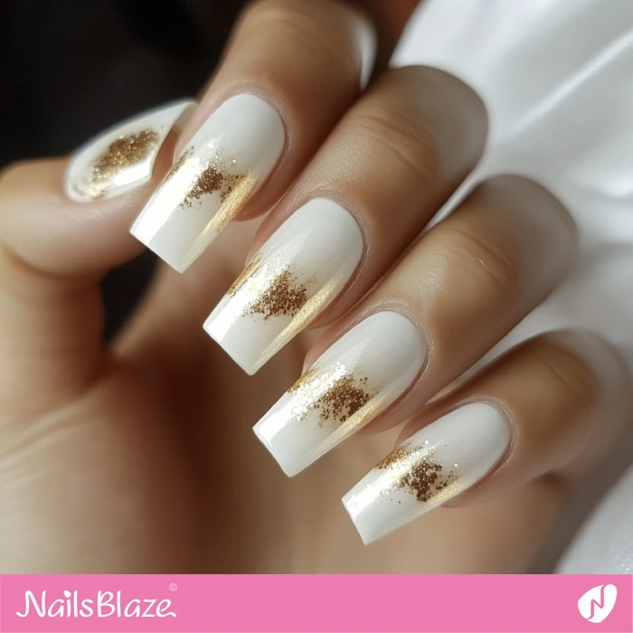 Fall Wedding White Square-shaped Nails with Golden Details | Fall Nails - NB5670