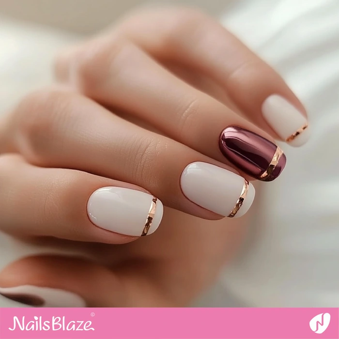 Fall Wedding White Nails with Burgundy Accent and Metallic Lines | Fall Nails - NB5606