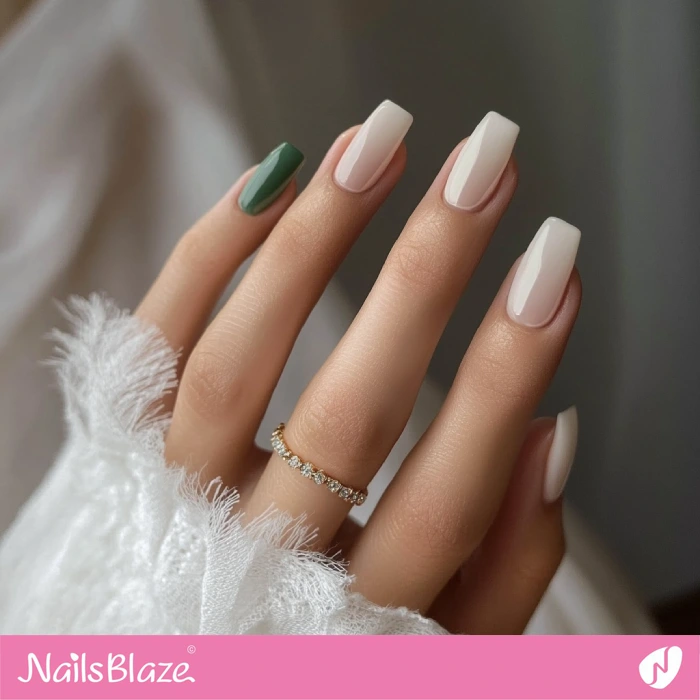 White Wedding Nails with Green Accent for Autumn | Fall Nails - NB5626