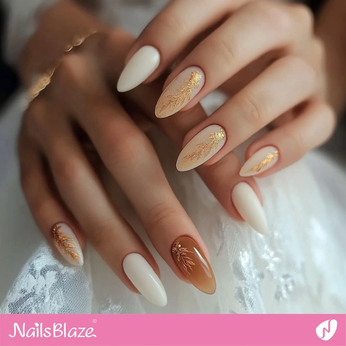 Almond Fall Wedding Nails Gold Foil Design | Fall Nails - NB5607