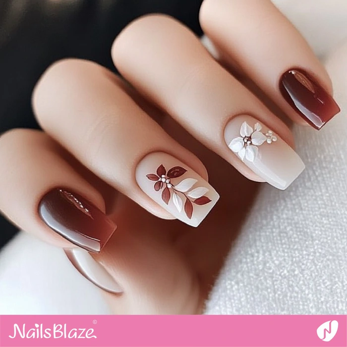 Brown Nails Floral Design for Fall Wedding | Fall Nails - NB5628