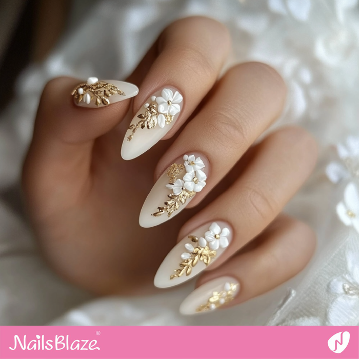 3D White and Gold Fall Wedding Nails Design | Fall Nails - NB5632