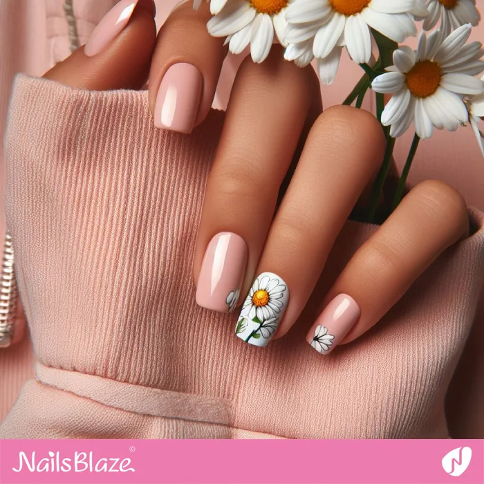 Short Pink Nails with Daisy Flower Accent | Floral Nails - NB4170