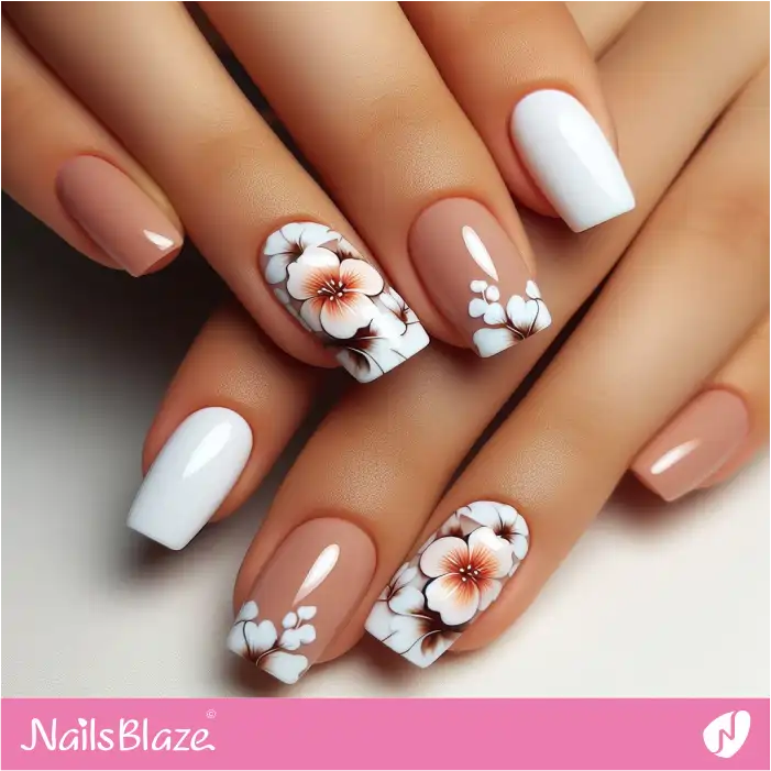 Classy White Nails with Hibiscus Flowers | Flower Nails - NB3901