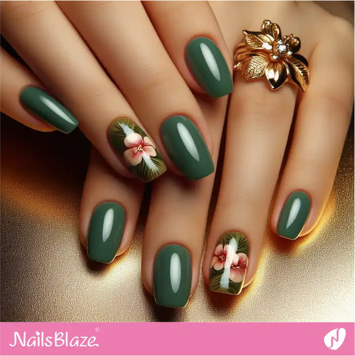 Green Nails with Hibiscus Flowers | Flower Nails - NB3911