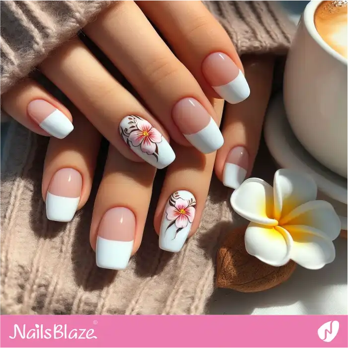 French Manicure Hibiscus Flower Design | Flower Nails - NB3912