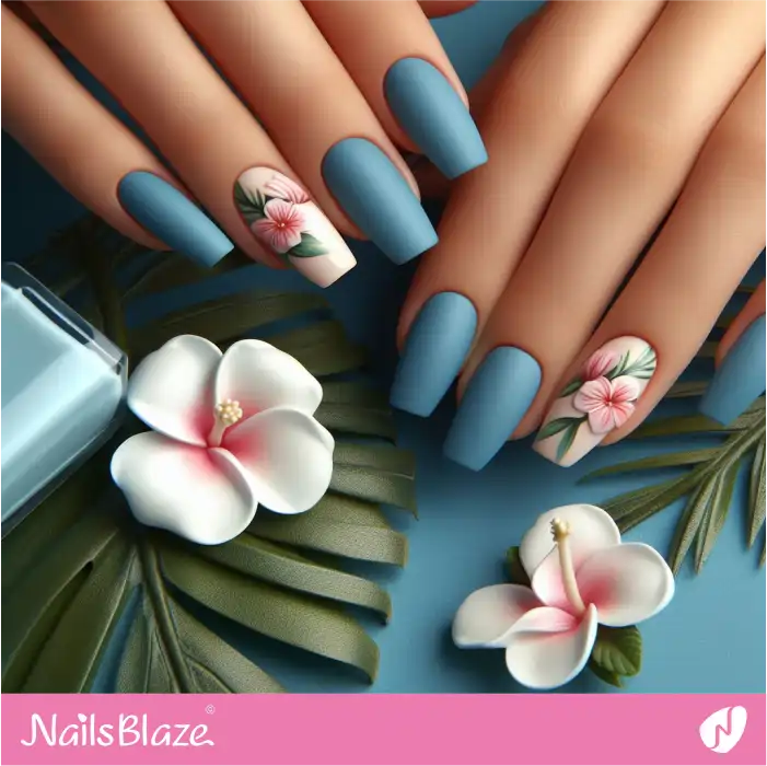 Hibiscus Accents for Matte Blue Nails | Flower Nails - NB3913