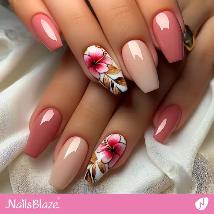 Glossy Neutral Nails with Hibiscus Flowers | Flower Nails - NB3914