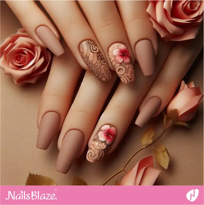 Matte Nude Nails Hibiscus Design | Flower Nails - NB3903