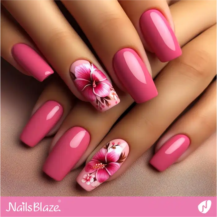 Pink Hibiscus Flowers Nail Design | Flower Nails - NB3904