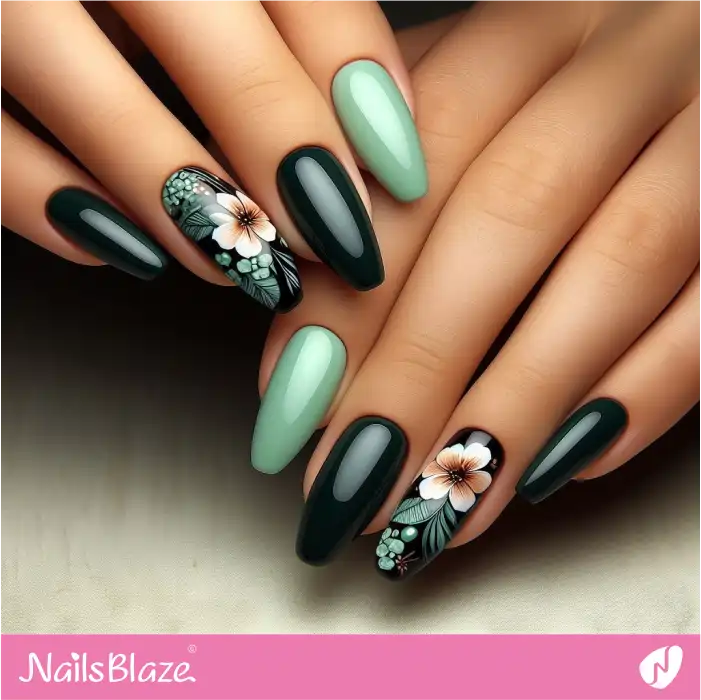 Bottle Green Nails with Hibiscus Flower | Flower Nails - NB3907